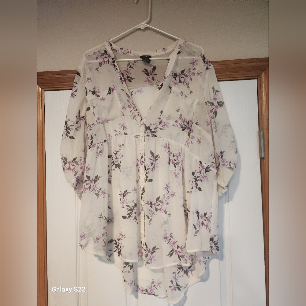 Torrid Cream and Purple Floral Blouse with Notched Collar